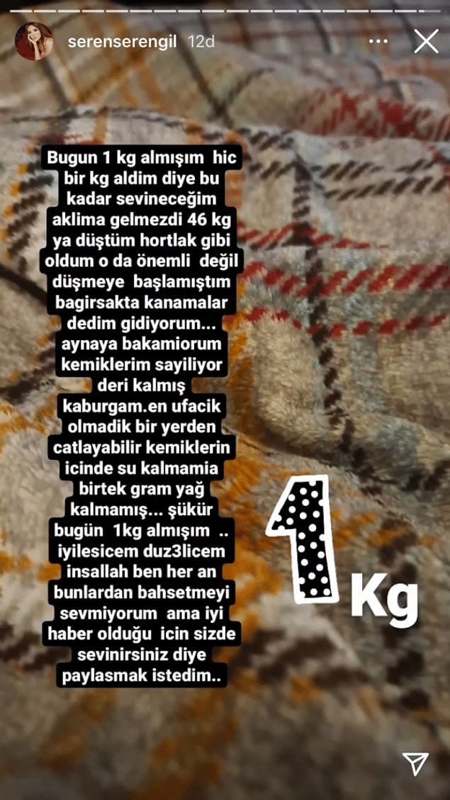 Seren Serengil, geçenlerde yaptığı bir paylaşımda 1 kilo aldığını ve havalara uçtuğunu duyurmuştu. Bir zamanlar kilo aldığı için isyan eden sunucumuz şimdi aldığı 1 kilo için seviniyor.