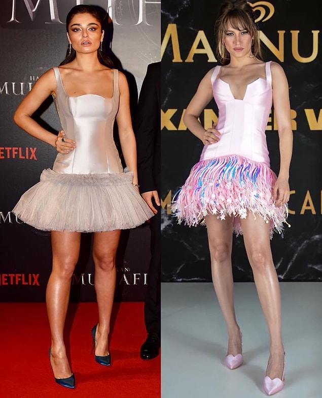 Ayça Ayşin Turan ve Serenay Sarıkaya'nın elbiseleri farklı olmasına rağmen inanılmaz derecede benziyor.