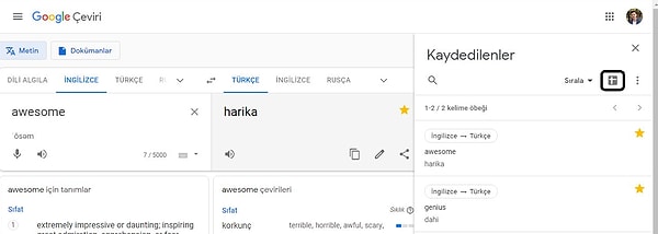 3. Kaydettiğiniz kelimeleri orijinal ve çevirdiğiniz dilde olacak şekilde Excel tablosu olarak dışa aktarabilirsiniz.