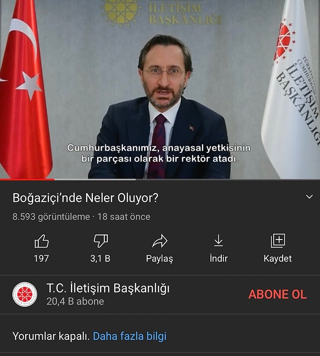 Ve bugün, "ifade özgürlüğünü" anlattığı "Boğaziçi'nde Neler Oluyor?" videosunu yorumlara kapattı!