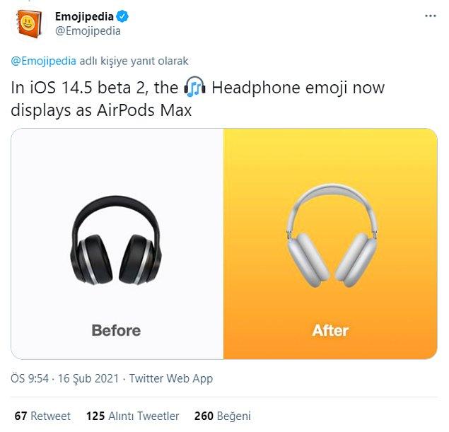 Yeni değişikliklerle beraber "Kulaklık" emojisi AirPods Max'e benzetildi.
