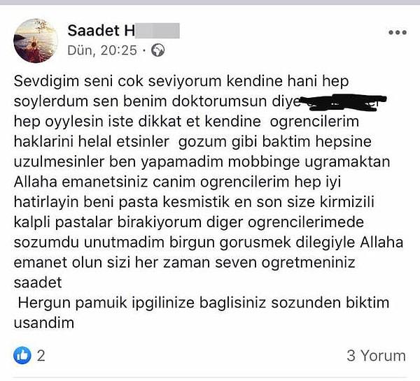 Saadet Harmancı'nın intiharının ardından Facebook hesabında mobbinge uğradığını yazdığı ortaya çıkmıştı.