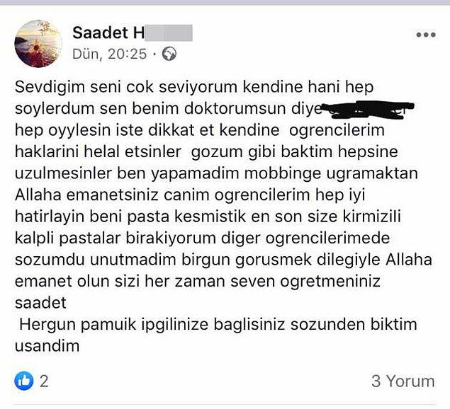 Saadet Harmancı'nın intiharının ardından Facebook hesabında mobbinge uğradığını yazdığı ortaya çıkmıştı.