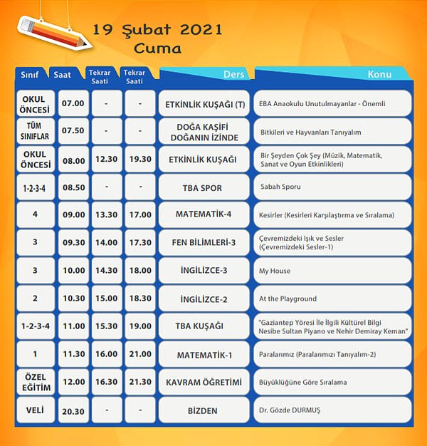 19 Şubat EBA TV İlkokul Ders Programı