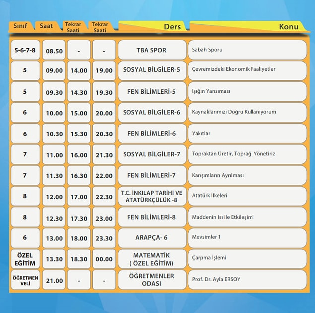 23 Şubat EBA TV Ortaokul Ders Programı