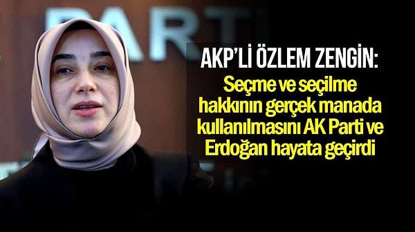 3. Instagram'da 'Dünya Kadın Hakları Günü Özel Yayını’na konuk olan Zengin, “Eğer Türkiye’de seçme ve seçilme hakkının gerçek manada kullanılmasından bahsediyorsak, bunu hayata geçiren parti AK Parti’dir." açıklamasını yapmıştı.