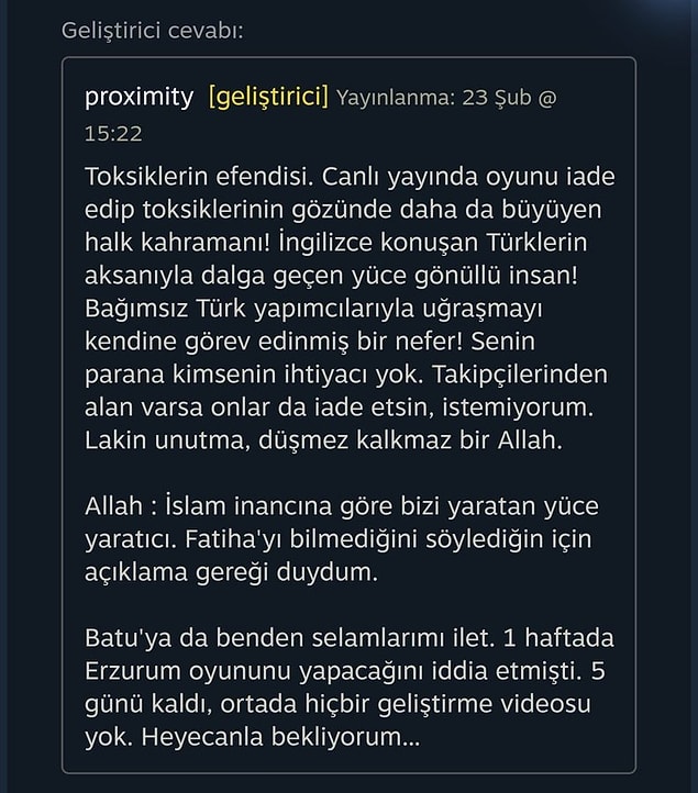 Oyun geliştiricisinin mesajı şöyle 👇