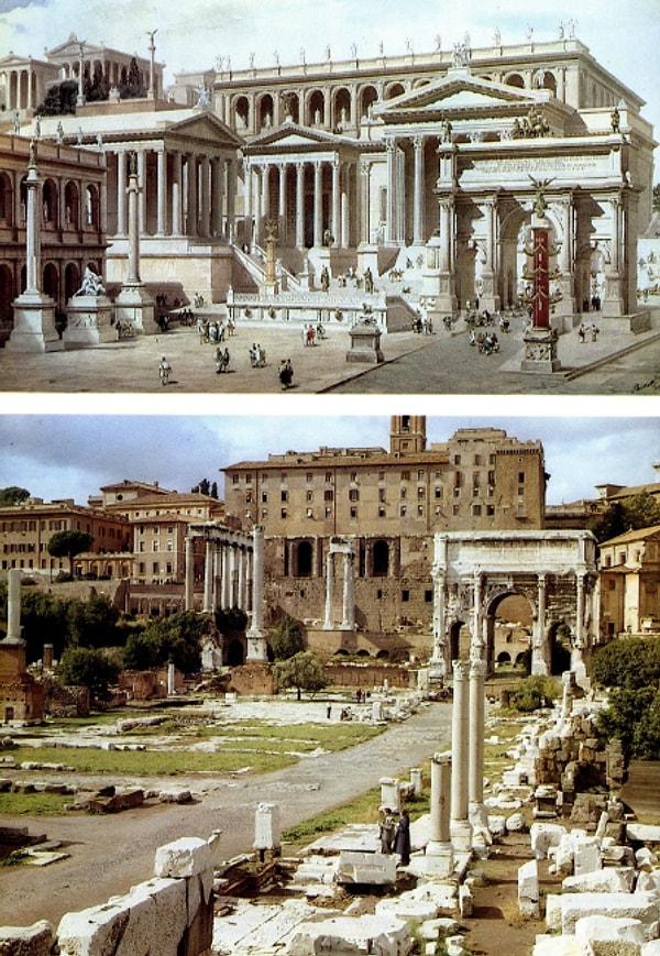 6. Roma Forumu'nun birkaç bin yıl önceki ve günümüz hali:
