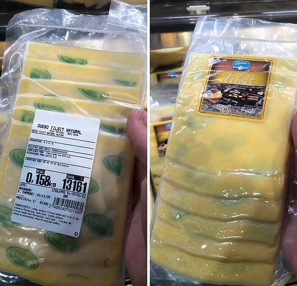 13. Бумага в этой пачке нарезанного сыра выглядит так, будто на ней есть пятна плесени