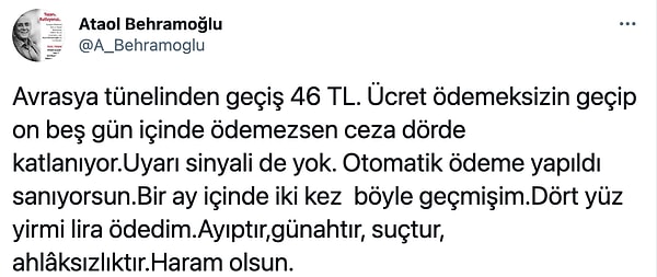 Bu garantili projelerden biri de Avrasya Tüneli. Diğer yeni projeler gibi fahiş fiyatlarının aksine adeta birer tuzak gibiler. Hatta bu duruma ünlü şair Ataol Behramoğlu da şöyle isyan etti 👇