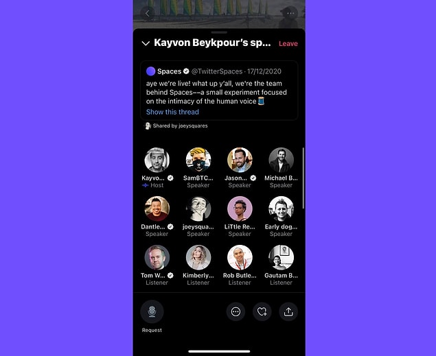 Spaces/Alanlar uygulamasında canlı yayında katılımcılar sohbet edebiliyor, diğerleri ise dinliyor.