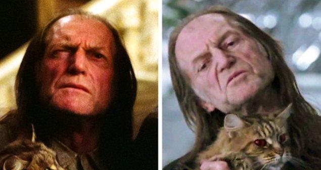 Ünlü kedisi ile Argus Filch, Hogwarts'un bekçisidir.