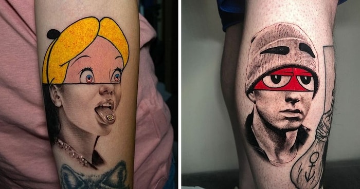 Татуировщик использует два совершенно разных стиля рисования для создания одного гибридного образа