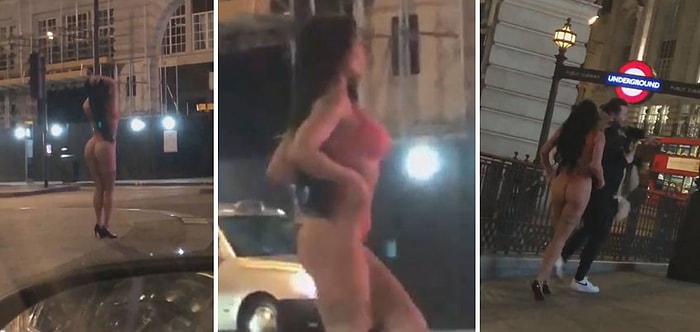 Siyah Stiletto ve Kırmızı Dantelli İç Çamaşırı ile Sokakta Fotoğraf Çekimi Yapan Kadının İlginç Görüntüleri