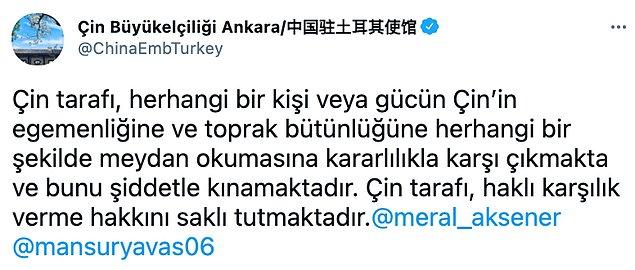 Çin Ankara Büyükelçiliği, dün Uygur Türkleri ile ilgili paylaşım yapan Mansur Yavaş ve Meral Akşener'i hedef almasıyla gündeme gelmişti...