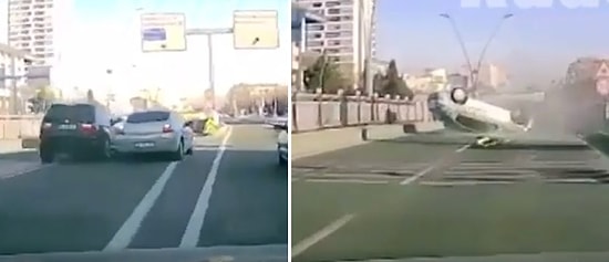 Kayseri'de Meydana Gelen ve Bir Başka Aracın Sıkıştırması Sonucu Takla Atan Aracın Korkutucu Görüntüsü