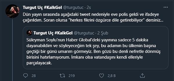 Turgut Uç, paylaşım nedeniyle ifadeye çağrıldığını söyledi