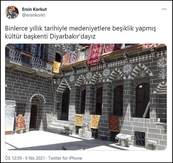 Korkut, Twitter hesabından öğlen saatlerinde yaptığı bir paylaşımda "Binlerce yıllık tarihiyle medeniyetlere beşiklik yapmış kültür başkenti Diyarbakır'dayız" ifadelerini kullandı.