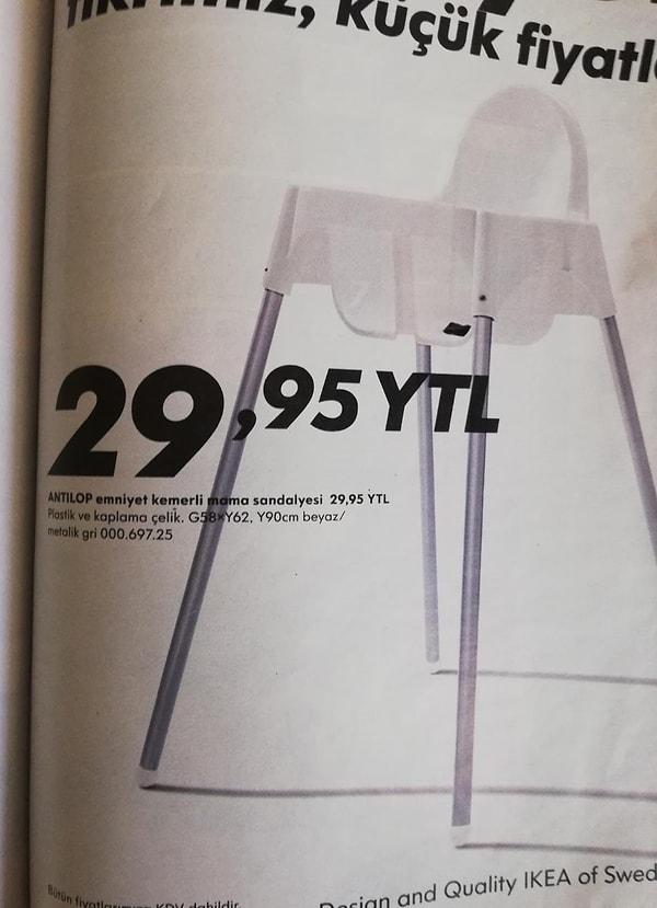 Bir diğer ürün ise Antilop emniyet kemerli mama sandalyesi. 2009 fiyatı 29,95 TL.