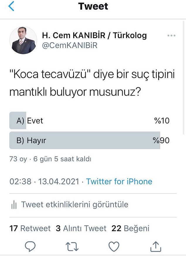 Ankete katılanların %90'ı hayır cevabını vermiş. Kadınları ve yaşamlarını kendisine dert edinen bu şahıs "Evet" cevabını veren %10'a da epey bi sinirlenmiş