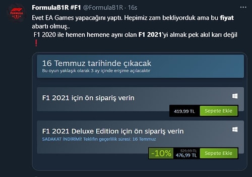 F1 2021 Ön Siparişe Açıldı, Oyunun Fiyatı Sosyal Medyada Tepkilere Neden Oldu!