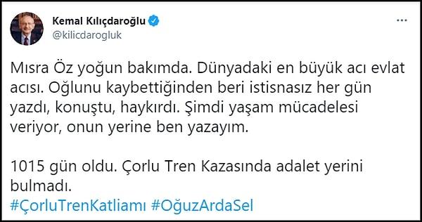 CHP lideri Kemal Kılıçdaroğlu da adalet arayışında 1015'inci gün olan bugün Mısra Öz için paylaşım yaptı. 👇