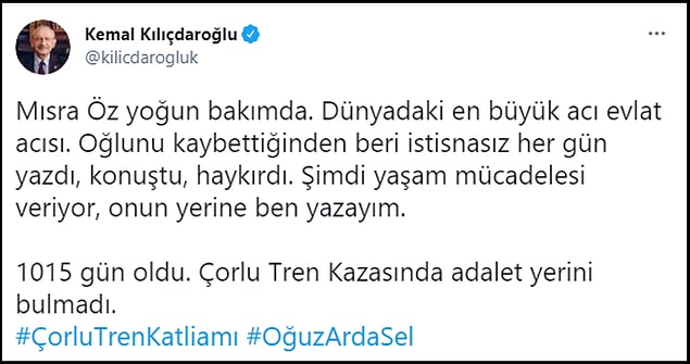 CHP lideri Kemal Kılıçdaroğlu da adalet arayışında 1015'inci gün olan bugün Mısra Öz için paylaşım yaptı. 👇