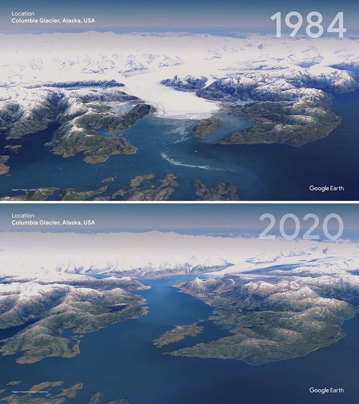 Что поменяется 2023 года. Глобальное потепление на Аляске. Ледник Колумбия на Аляске. Таяние ледников глобальное потепление. Google Earth timelapse.