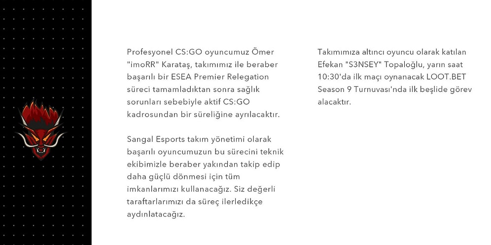 Sangal Esports, CS:GO Takımında Sağlık Sorunlarından Dolayı Oyuncu Değişikliği Yaptı
