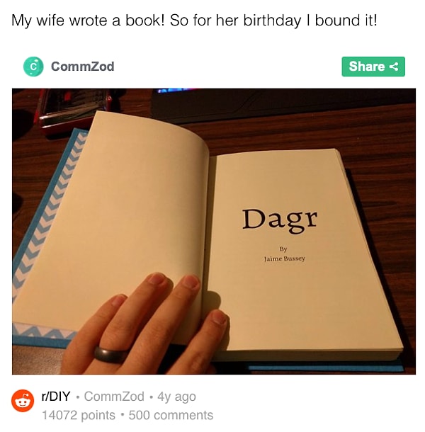 5. "Моя жена написала рукопись, а я сшил ее в настоящую книгу".