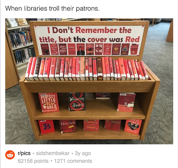 5. В этой библиотеке есть специальная секция книг с обложкой в одной цветовой гамме на тот случай, если вы не помните название, но точно знаете, что "она была красного цвета" :).