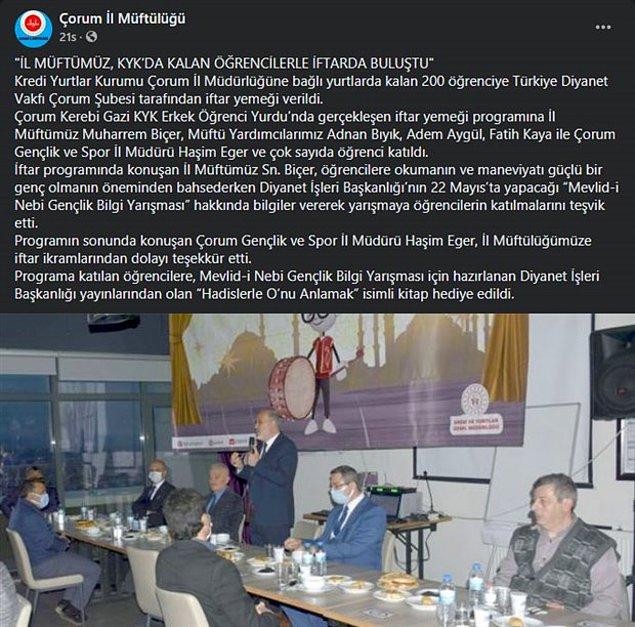 Bu açıklamaların üzerine Türk Diyanet Vakfı'nın, Çorum İl Müdürlüğü'ne bağlı yurtlarda kalan 200 öğrenciye toplu iftar yemeği vermesi dikkat çekti.