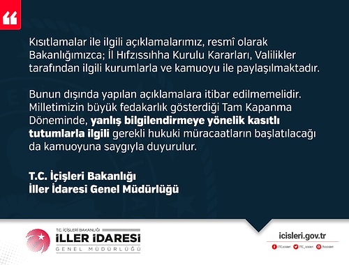 İçişleri Bakanlığı'ndan 'Yanlış Bilgilendirme' Hakkında Açıklama