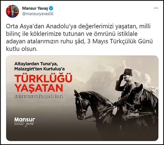 Ankara Büyükşehir Belediye Başkanı Mansur Yavaş da Türkçülük Günü'nü Mustafa Kemal Atatürk'ün bir fotoğrafının bulunduğu bir paylaşımla kutladı. 👇
