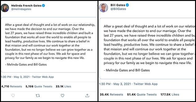 Geçtiğimiz Pazartesi günü Bill ve Melinda resmi Twitter hesaplarından aynı anda bir açıklamada bulundular.