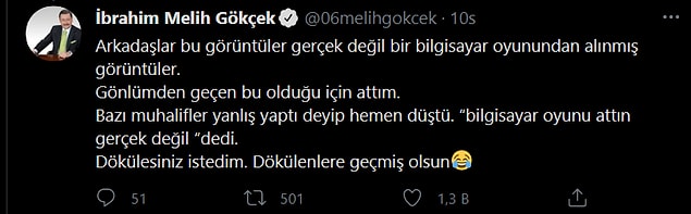 Ve paylaşımdan 4 saat sonra Gökçek'ten gelen açıklama