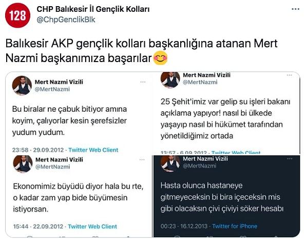 Bu duyurunun ardından da CHP Balıkesir İl Gençlik Kolları Twitter'da Vizili'nin eski tweetlerini ortaya çıkararak başarılar diledi.
