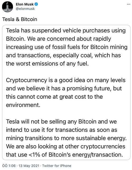 Elon Musk, Tesla'nın Bitcoin İle Ödeme Kabul Etmeyeceğini Söyledi, Kripto Para Yüzde 10'dan Fazla Düştü