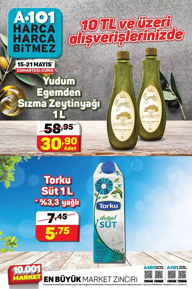 10 TL ve üzeri alışverişlerinizde 1 L Yudum Egemden sızma zeytinyağı ya da 1 L Torku süt indirimde.