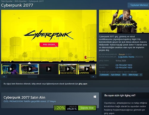 2020'nin Büyük Hayal Kırıklığı ve Güncelleme Manyağı Cyberpunk 2077, Steam'de İndirime Girdi