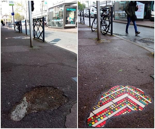 Ememem adlı sokak sanatçısı ise Lyon kentindeki çukurlar için yaratıcı bir çözüm bularak bu sorunu çözdü.