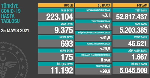 Koronavirüste 24 Saat: 9 Bin 375 Vaka, 175 Can Kaybı