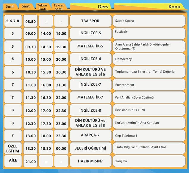 26 Mayıs EBA TV Ortaokul Ders Programı