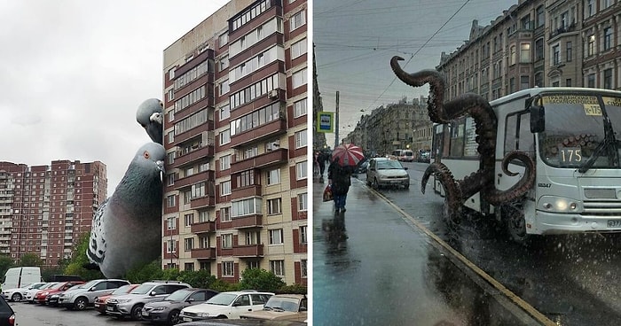 20 неожиданных и креативных фото-манипуляций с улицами России, заполненными гигантскими животными