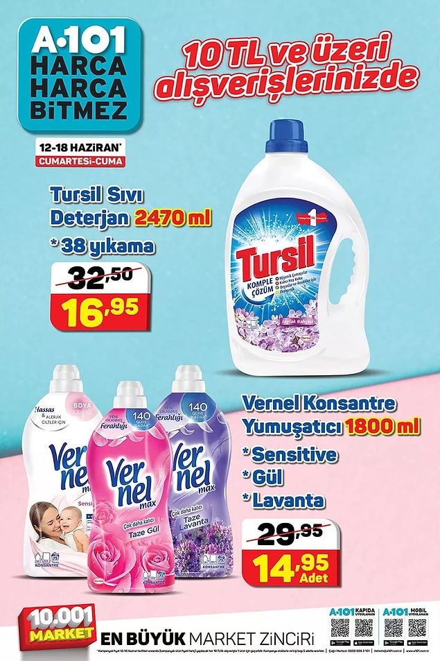 10 TL ve üzeri alışverişlerinize Tursil Sıvı Deterjanı ya da Vernel Konsantre Yumuşatıcı Çeşitleri indirimli.