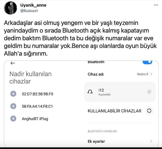 Uyanık Anne isimli bir Twitter kullanıcısı cihazların MAC adreslerinin insanlara takılan çip olduğunu ve bluetooth ağı üzerinde gördüğünü iddia etti.