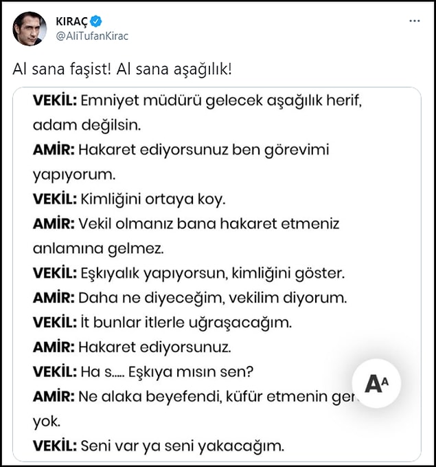 Kıraç da "Al sana faşist! Al sana aşağılık!" diyerek İşbaşaran'ın eski bir diyaloğunu paylaştı. 👇