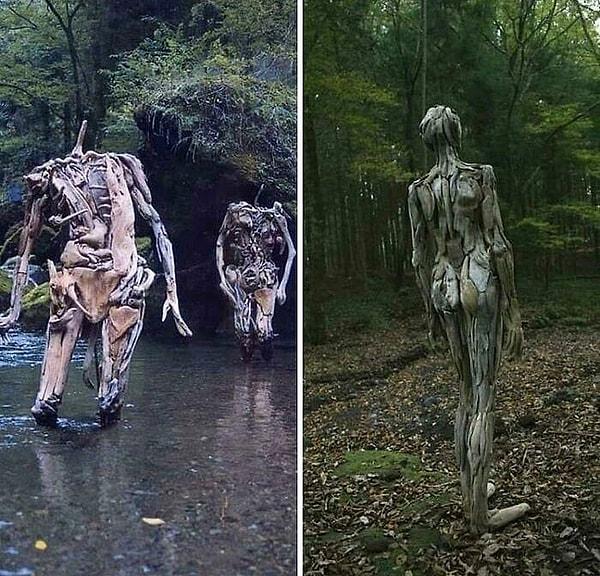 7. "Japon sanatçı Nagato Iwasaki tarafından yapılan driftwood figürleri. Ormanın ortasında öylece durmaları biraz korkunç sanki."