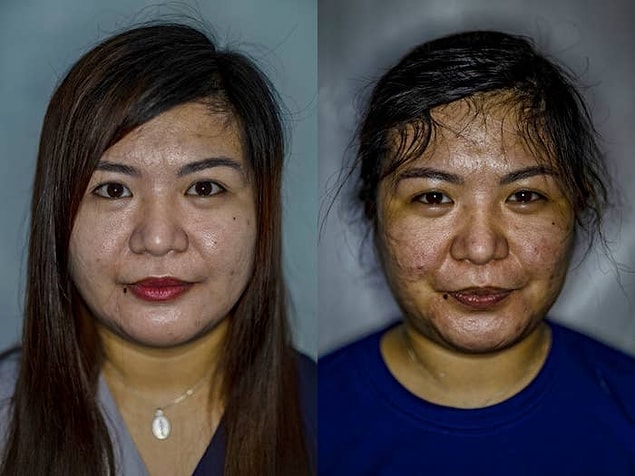 3. Filipinlerdeki bir hemşirenin COVID-19 yoğun bakım servisindeki vardiyasından önce ve sonra çekildiği fotoğraf.