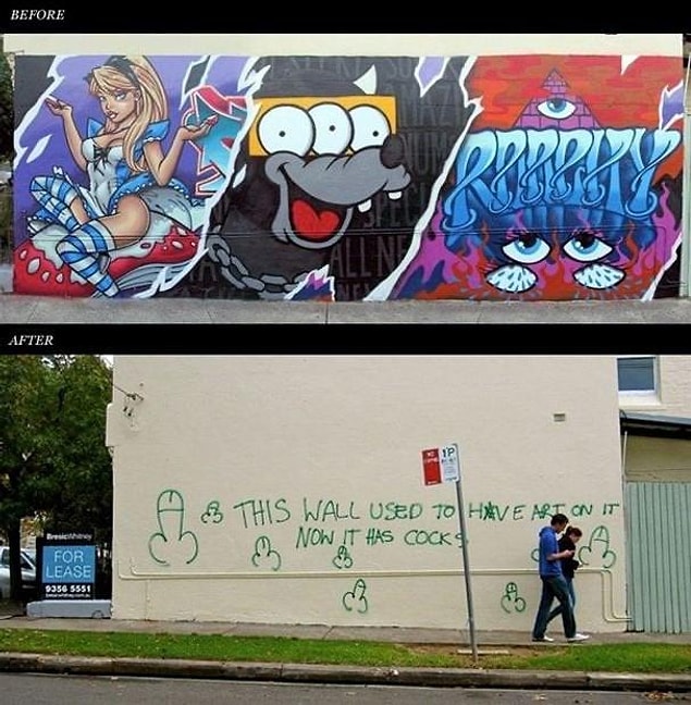 22. Duvardaki grafitinin üstü boyanmadan önce ve sonra:
